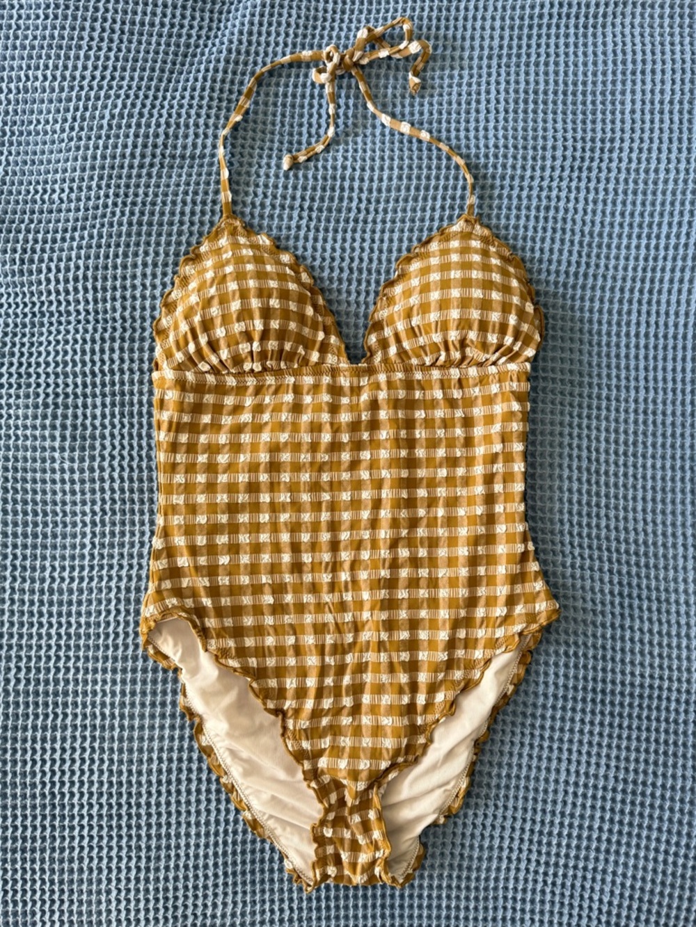 J. Crew Ruched plunge one-piece swimsuit gingham texture 8 - Picture 4 of 10